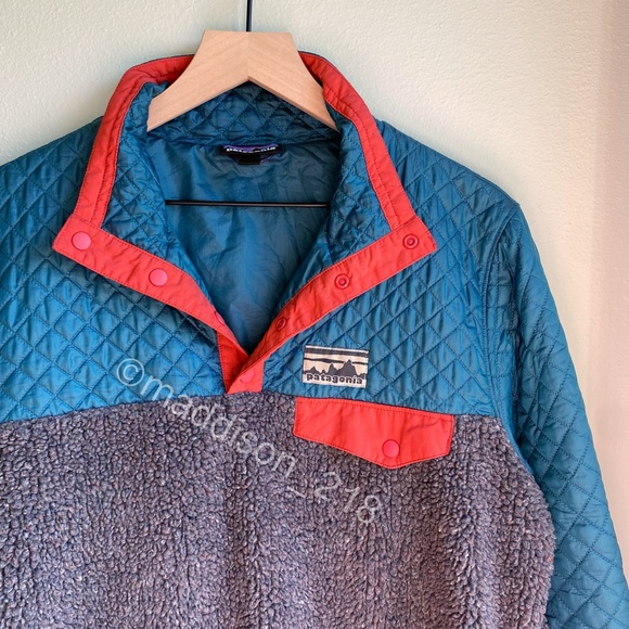 Patagonia Mixed Media Snap-T Pullover Large Crater Blue Sherpa Quilted Jacket L - Picture 14 of 16